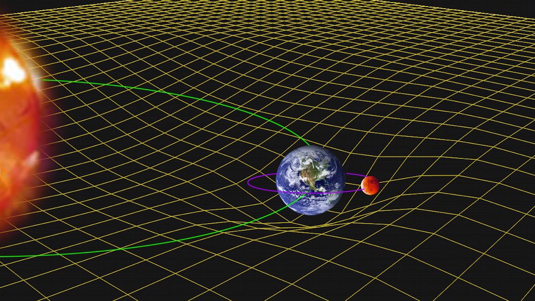 Sun, Earth, and Moon in curved spacetime.